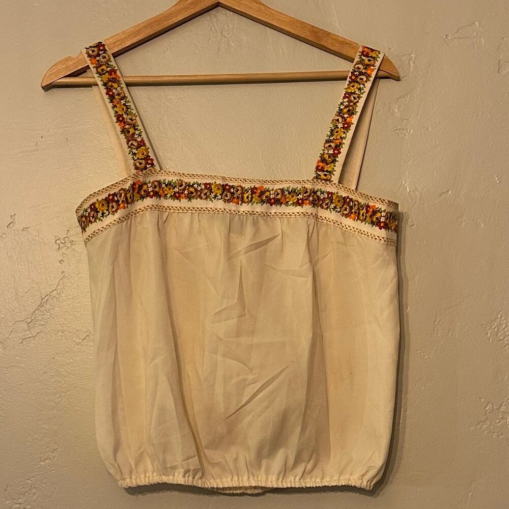 Thrifted Cream Bubble Top With Floral Trim - Fits like a Small